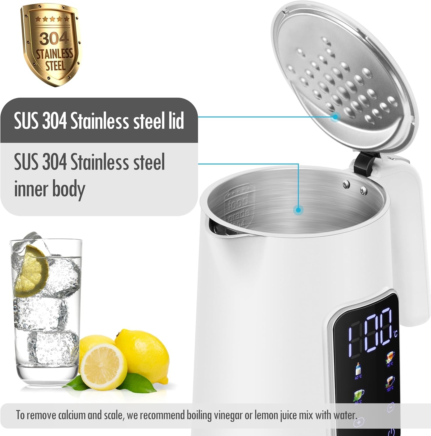 ForMe Roestvrijstalen Waterkoker 1,7 L, Temperatuurkeuze 40-100°C, LED digitale temperatuurweergave,7 Kleuren LED Verlichting, Warmhoudfunctie, BPA-vrij