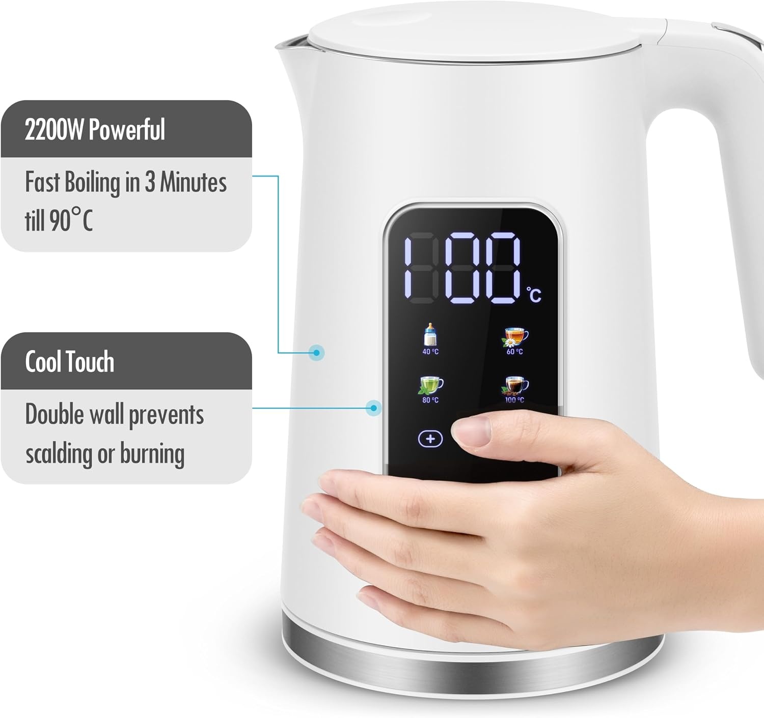 ForMe Roestvrijstalen Waterkoker 1,7 L, Temperatuurkeuze 40-100°C, LED digitale temperatuurweergave,7 Kleuren LED Verlichting, Warmhoudfunctie, BPA-vrij