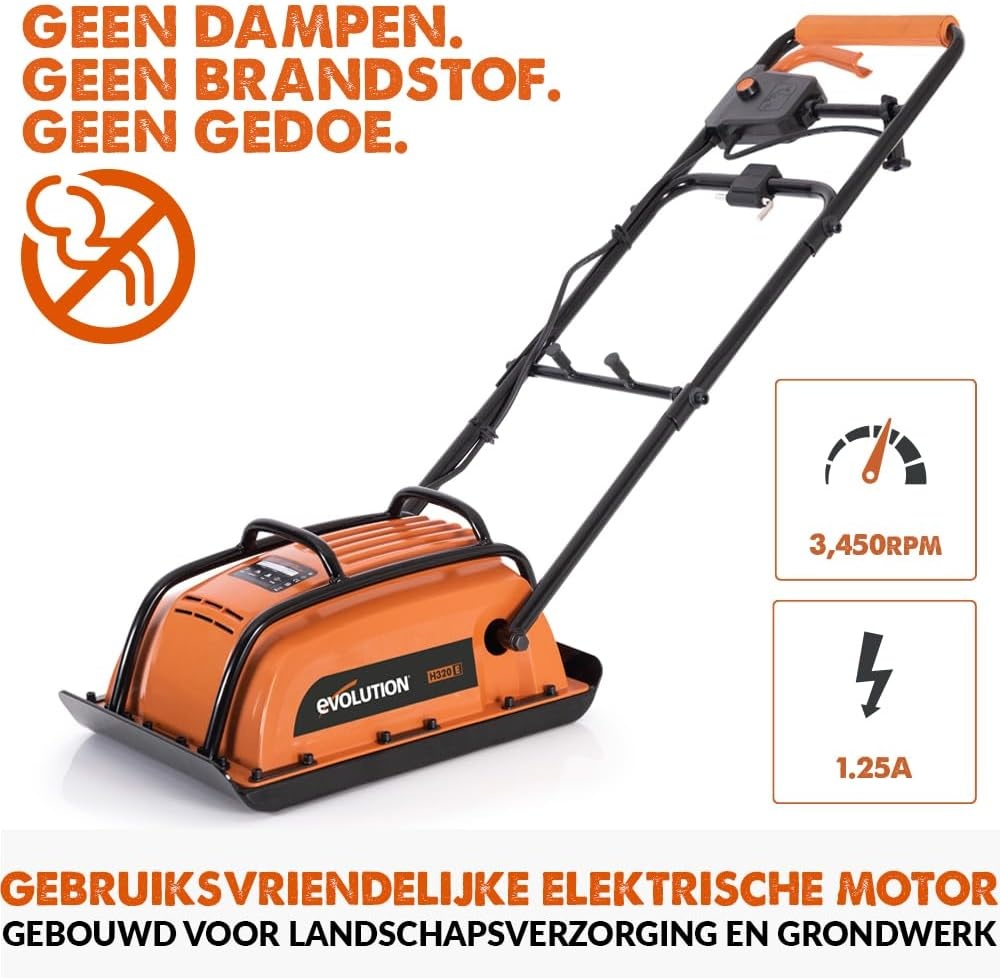 Evolution Power Tools H320-E Hulk Elektroplaatverdichter, elektrisch - Ideaal voor het egaliseren van bestrating, kunstgrasvoorbereiding, patio, straatwerk, zand, aarde - 2 jaar garantie, 230V