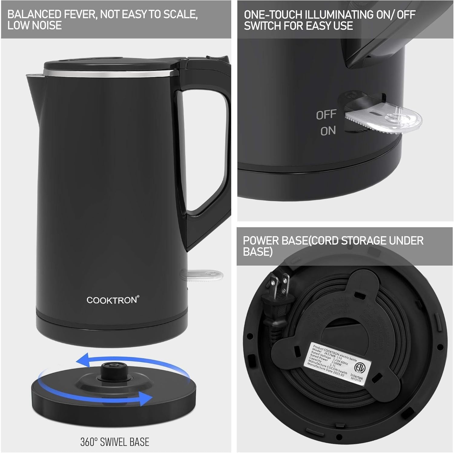 Cooktron Stille Waterkoker 1,7 Liter - Dubbelwandig - Zwart - 2000W