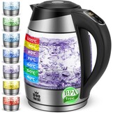 FOR ME Glazen Elektrische Waterkoker 1,8L, Temperatuurregeling, Temperatuurselectie 40°C tot 100°C, 7 Kleuren Ledverlichting, Warmhoudfunctie, BPA-Vrij