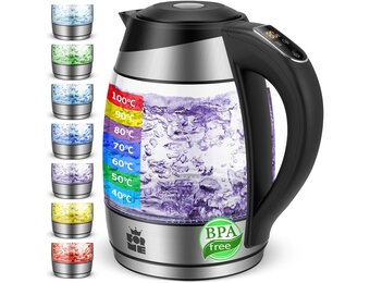 FOR ME Glazen Elektrische Waterkoker 1,8L, Temperatuurregeling, Temperatuurselectie 40°C tot 100°C, 7 Kleuren Ledverlichting, Warmhoudfunctie, BPA-Vrij
