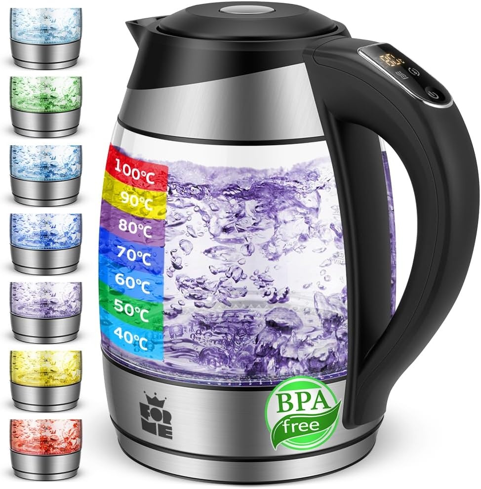 FOR ME Glazen Elektrische Waterkoker 1,8L, Temperatuurregeling, Temperatuurselectie 40°C tot 100°C, 7 Kleuren Ledverlichting, Warmhoudfunctie, BPA-Vrij