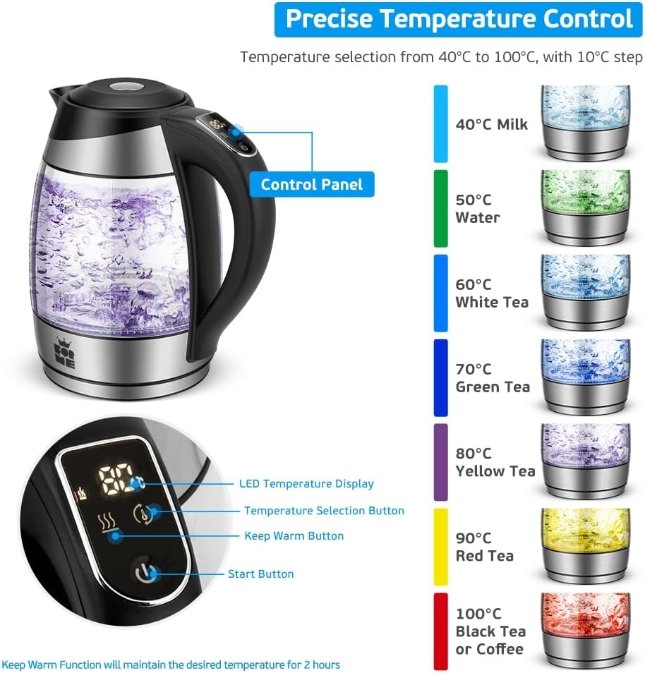 FOR ME Glazen Elektrische Waterkoker 1,8L, Temperatuurregeling, Temperatuurselectie 40°C tot 100°C, 7 Kleuren Ledverlichting, Warmhoudfunctie, BPA-Vrij