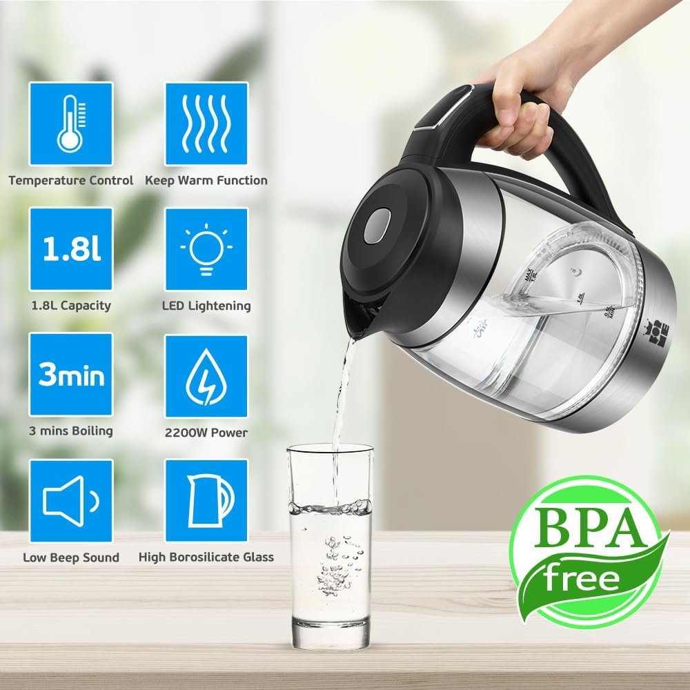 FOR ME Glazen Elektrische Waterkoker 1,8L, Temperatuurregeling, Temperatuurselectie 40°C tot 100°C, 7 Kleuren Ledverlichting, Warmhoudfunctie, BPA-Vrij