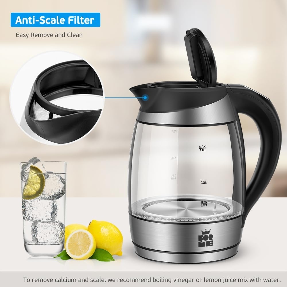 FOR ME Glazen Elektrische Waterkoker 1,8L, Temperatuurregeling, Temperatuurselectie 40°C tot 100°C, 7 Kleuren Ledverlichting, Warmhoudfunctie, BPA-Vrij
