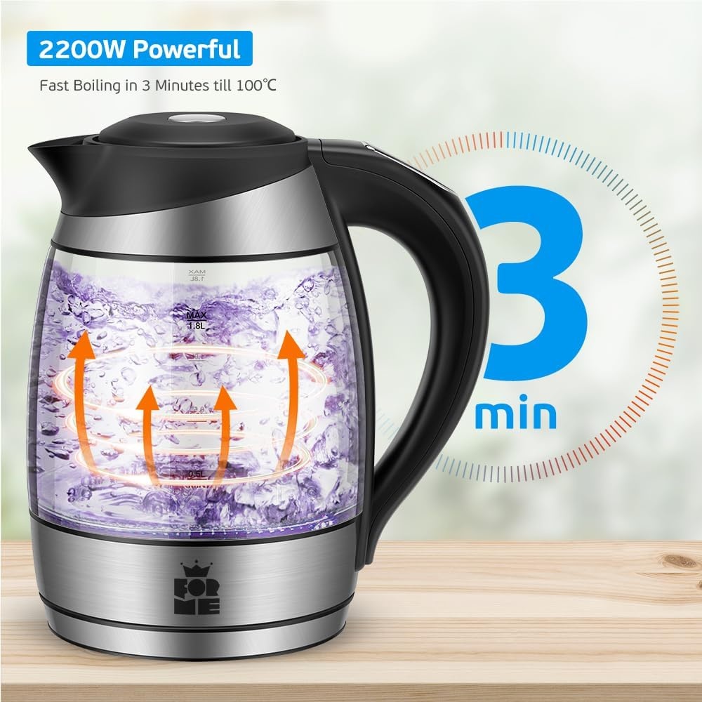 FOR ME Glazen Elektrische Waterkoker 1,8L, Temperatuurregeling, Temperatuurselectie 40°C tot 100°C, 7 Kleuren Ledverlichting, Warmhoudfunctie, BPA-Vrij
