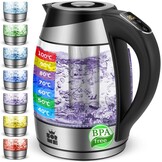 FOR ME Glazen Elektrische Waterkoker 1,8L, Temperatuurregeling, Temperatuurselectie 40°C tot 100°C, 7 Kleuren Ledverlichting, Warmhoudfunctie, BPA-Vrij