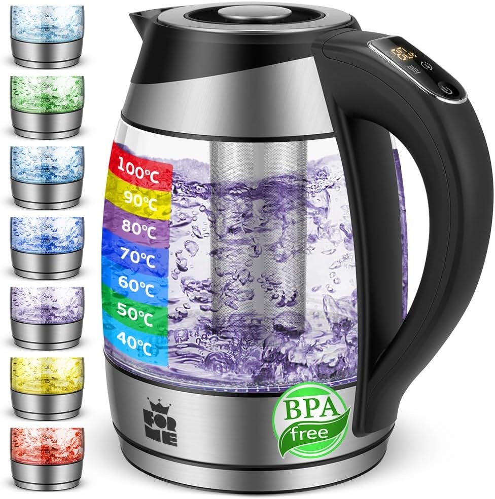 FOR ME Glazen Elektrische Waterkoker 1,8L, Temperatuurregeling, Temperatuurselectie 40°C tot 100°C, 7 Kleuren Ledverlichting, Warmhoudfunctie, BPA-Vrij