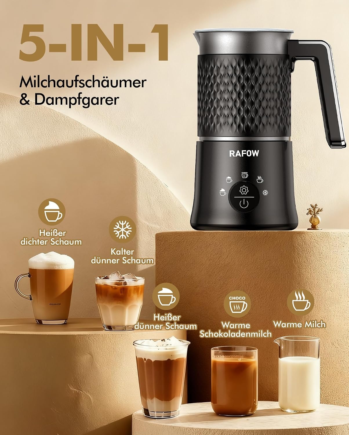 Rafow 5-in-1 Elektrische Melkopschuimer 320ml - Zwart