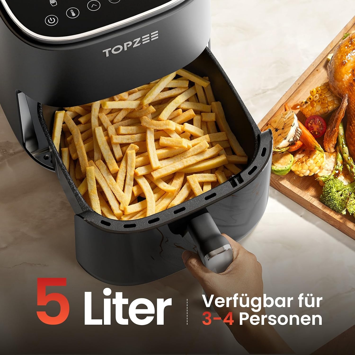 TOPZEE Heteluchtfriteuse 5 Liter - Airfryer met kijkvenster en 12 programma's - Zwart