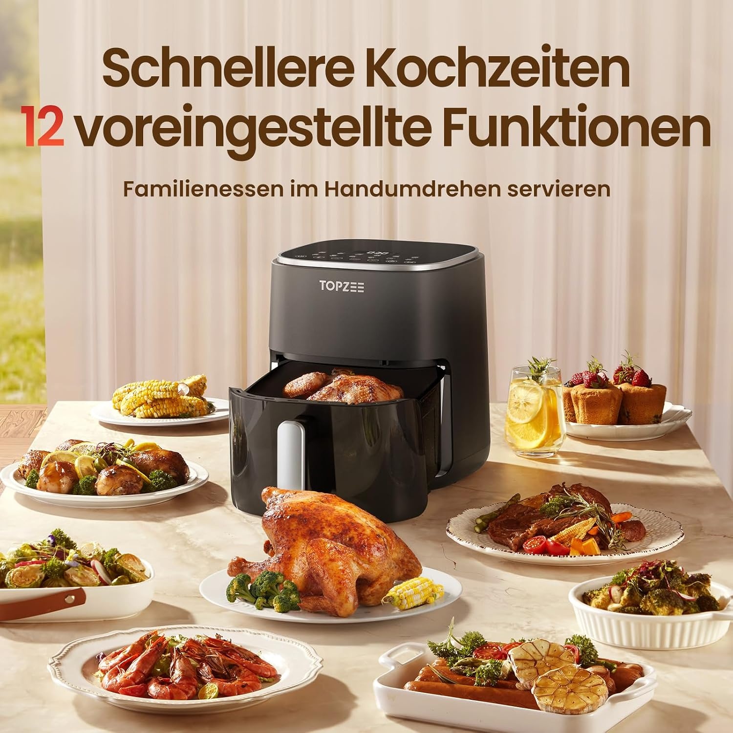 TOPZEE Heteluchtfriteuse 5 Liter - Airfryer met kijkvenster en 12 programma's - Zwart