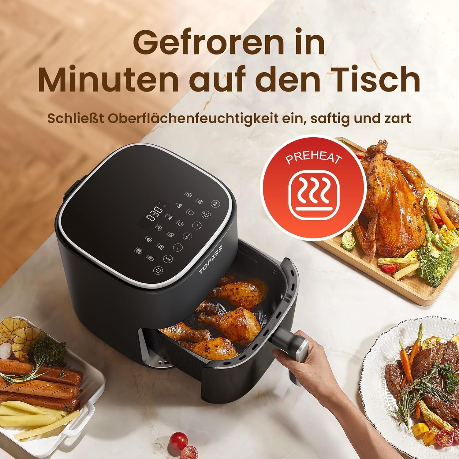 TOPZEE Heteluchtfriteuse 5 Liter - Airfryer met kijkvenster en 12 programma's - Zwart