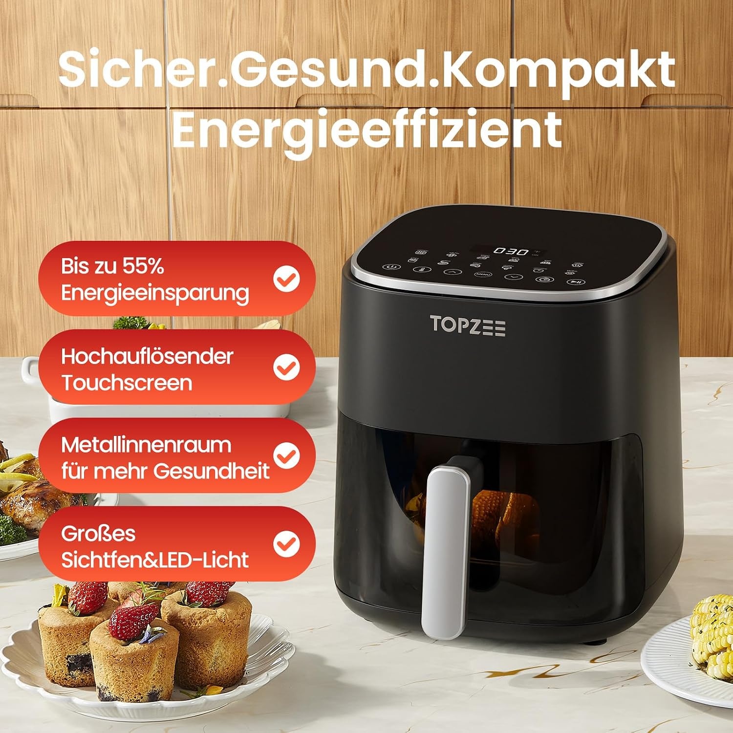 TOPZEE Heteluchtfriteuse 5 Liter - Airfryer met kijkvenster en 12 programma's - Zwart