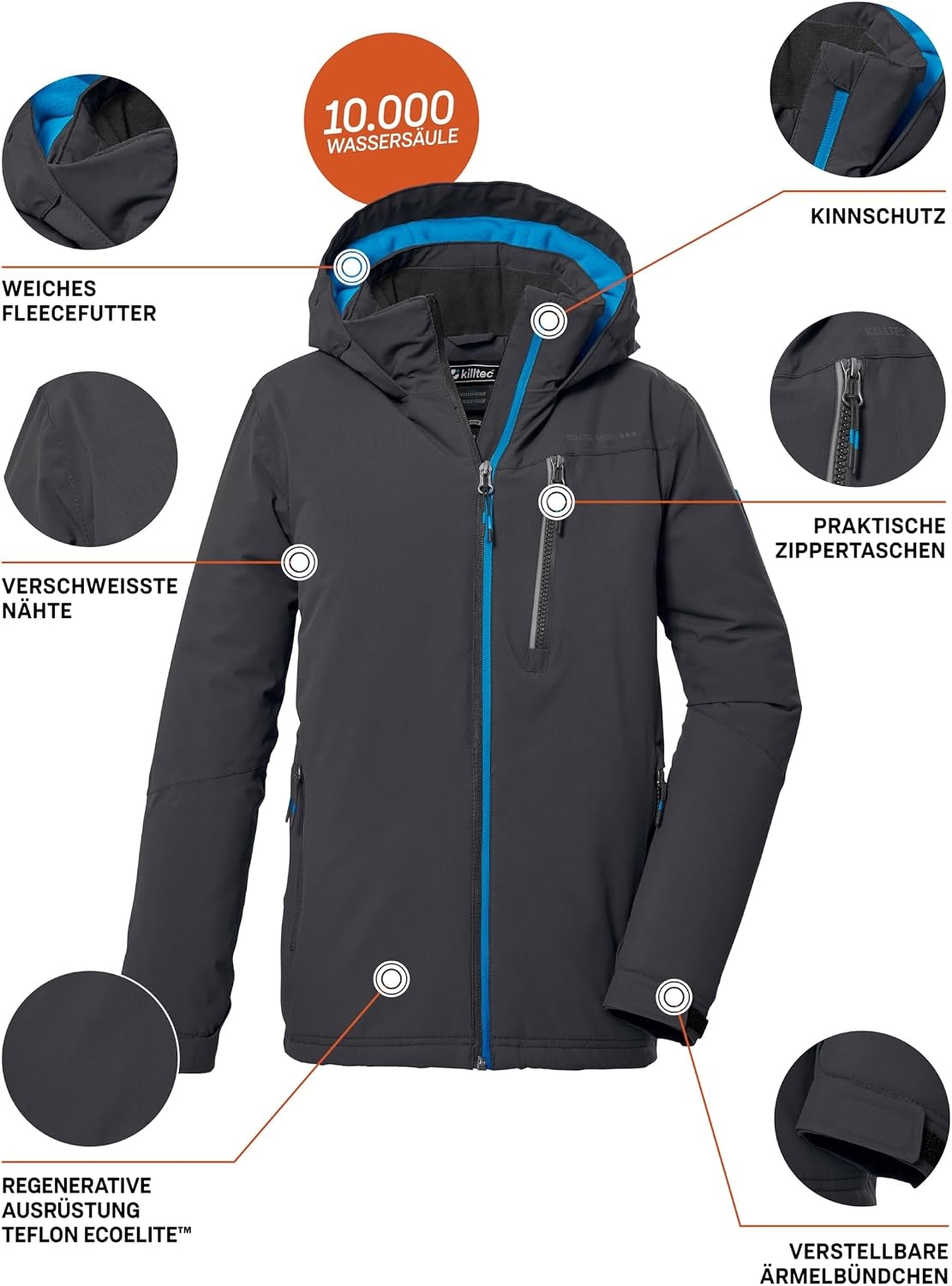 Killtec Functionele Winterjas voor Jongens met Capuchon KOW 159 Zwart Blauw - Maat 176