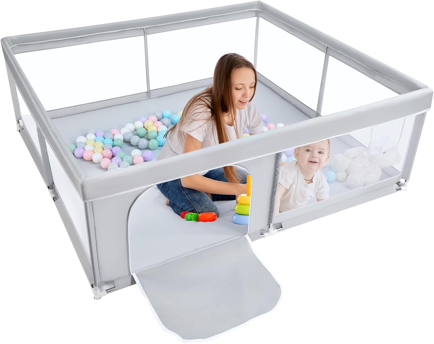 BEJOY Babybox, 150 cm Compact en Sterk, Schuimbescherming, Antislip Veiligheids Speeltuin met Transparant Ademend Gaas Ronde Ritsdeur Kinder activiteiten centrum voor Baby's en Peuters