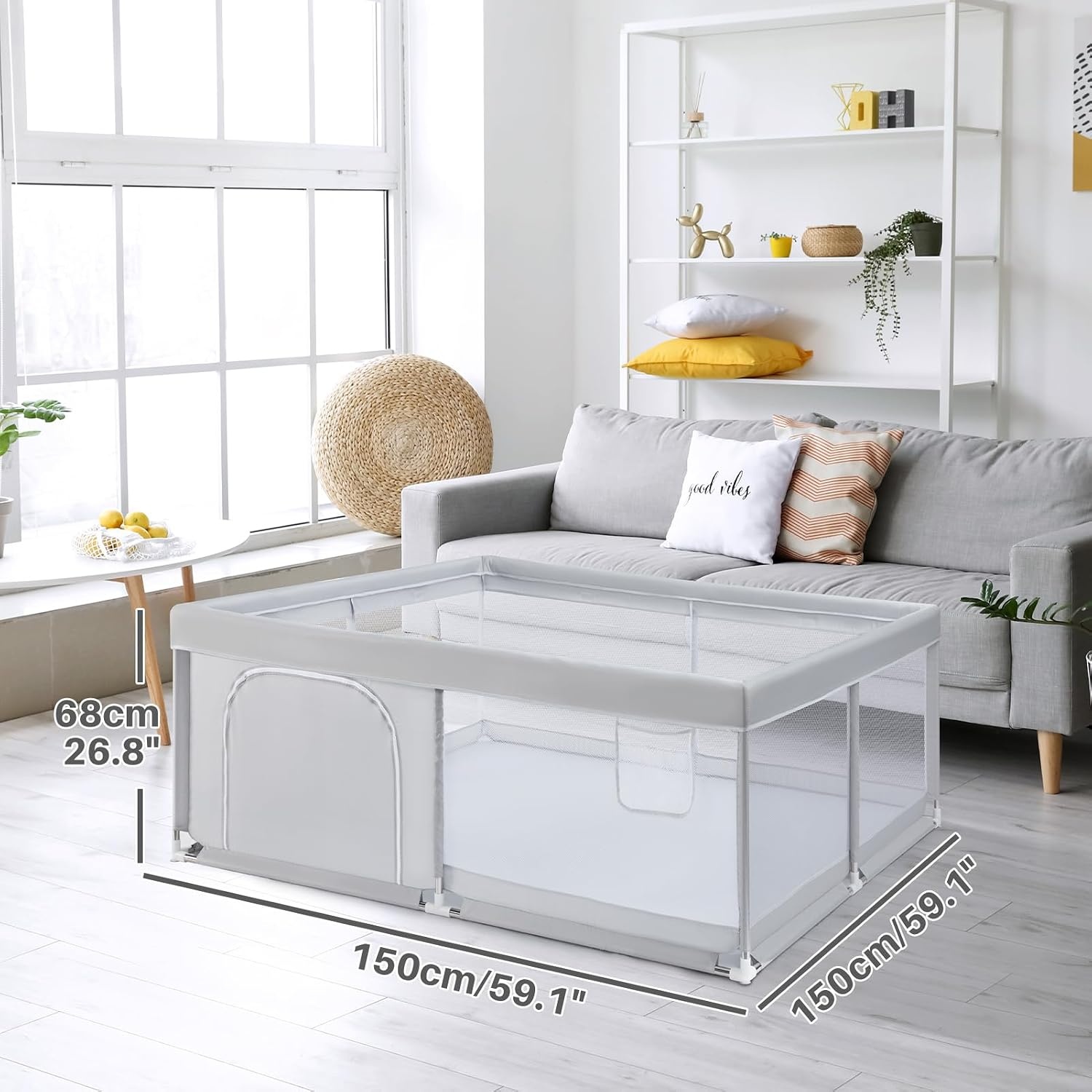 BEJOY Babybox, 150 cm Compact en Sterk, Schuimbescherming, Antislip Veiligheids Speeltuin met Transparant Ademend Gaas Ronde Ritsdeur Kinder activiteiten centrum voor Baby's en Peuters