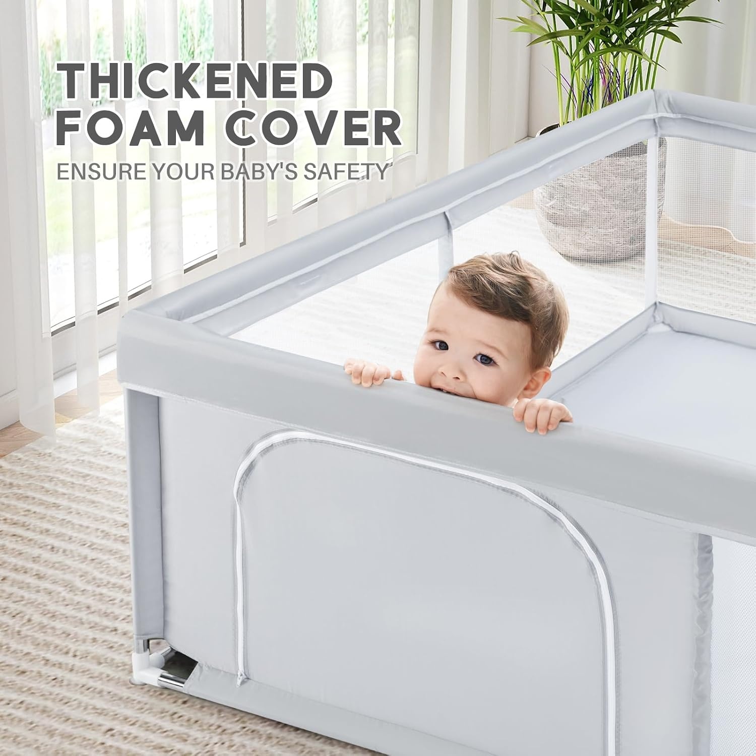 BEJOY Babybox, 150 cm Compact en Sterk, Schuimbescherming, Antislip Veiligheids Speeltuin met Transparant Ademend Gaas Ronde Ritsdeur Kinder activiteiten centrum voor Baby's en Peuters