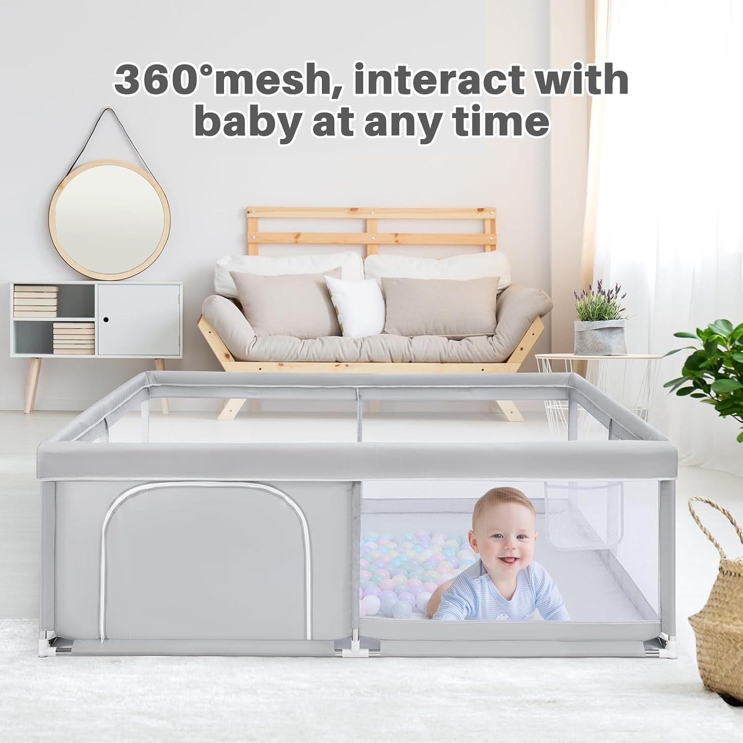 BEJOY Babybox, 150 cm Compact en Sterk, Schuimbescherming, Antislip Veiligheids Speeltuin met Transparant Ademend Gaas Ronde Ritsdeur Kinder activiteiten centrum voor Baby's en Peuters