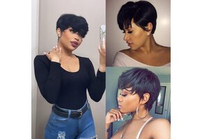 Pruik Pixie Cut Menselijk Haar met Pony - Zwart (82% Korting)