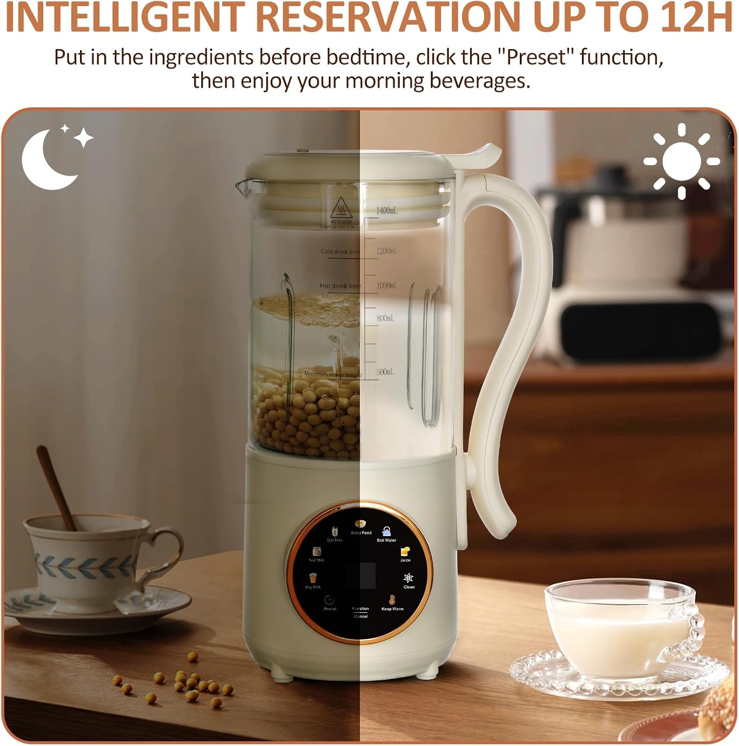 Notenmelkmaker 1,4L, Automatische Sojamelkmaker, met Vertragingsinstelling, Zelfreinigend, LED-scherm, voor het Maken van Zelfgemaakte Plantaardige Melk