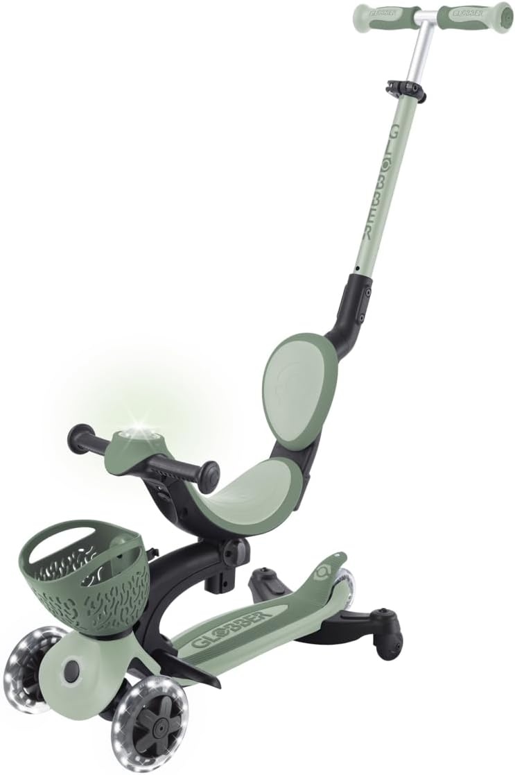 Globber - GO•UP Baby 360 Lights – schaalbare step met 3 wielen met zitting en rugleuning, voor kinderen van 15 maanden tot 6 jaar, saliegroen