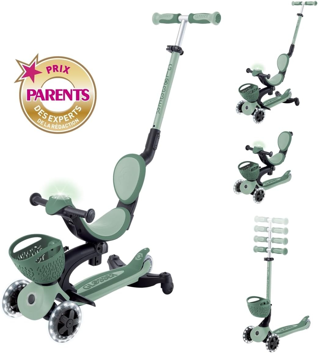 Globber - GO•UP Baby 360 Lights – schaalbare step met 3 wielen met zitting en rugleuning, voor kinderen van 15 maanden tot 6 jaar, saliegroen