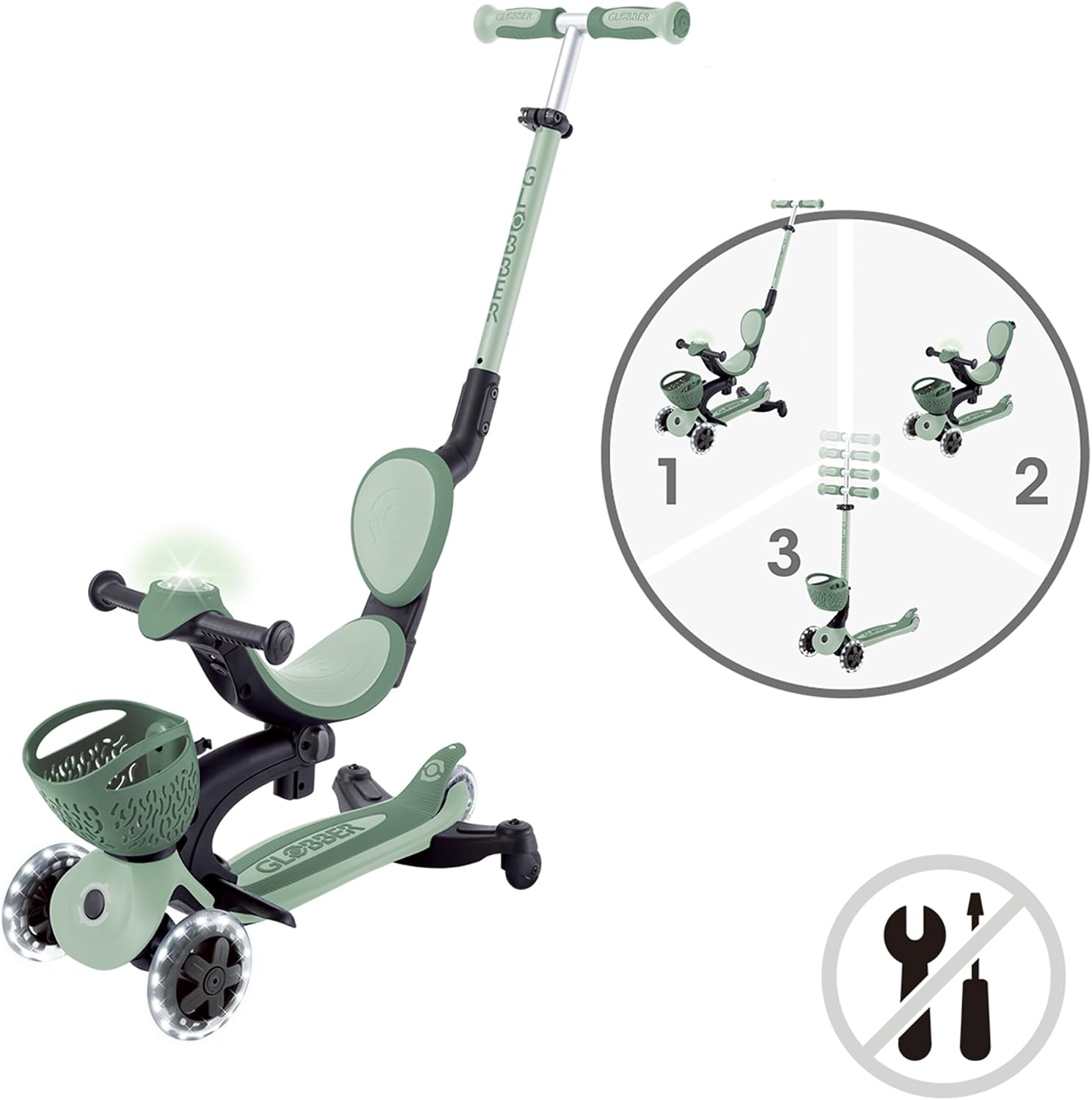 Globber - GO•UP Baby 360 Lights – schaalbare step met 3 wielen met zitting en rugleuning, voor kinderen van 15 maanden tot 6 jaar, saliegroen