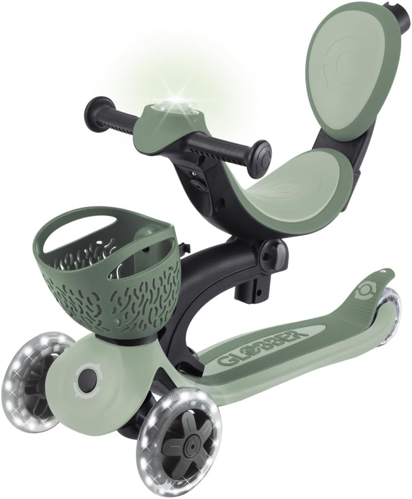 Globber - GO•UP Baby 360 Lights – schaalbare step met 3 wielen met zitting en rugleuning, voor kinderen van 15 maanden tot 6 jaar, saliegroen