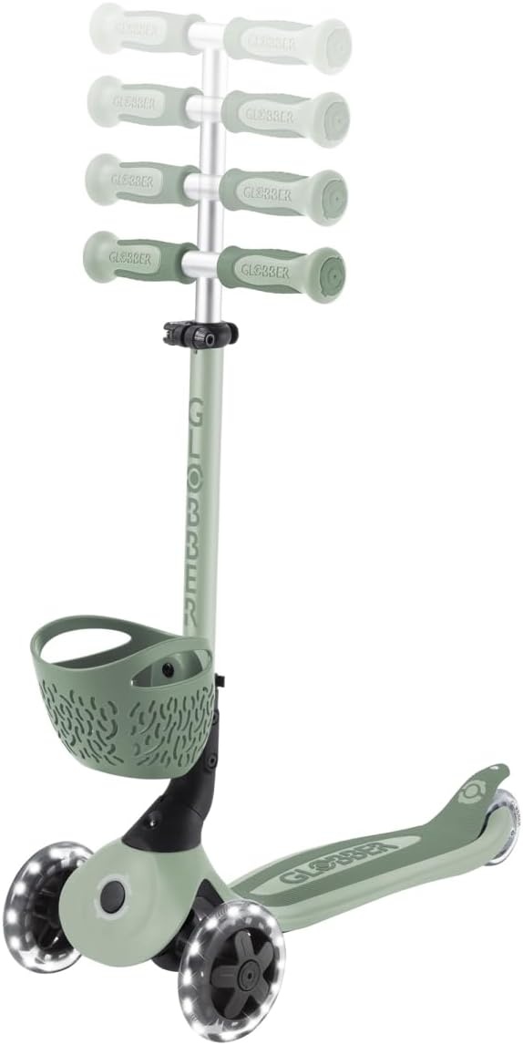 Globber - GO•UP Baby 360 Lights – schaalbare step met 3 wielen met zitting en rugleuning, voor kinderen van 15 maanden tot 6 jaar, saliegroen