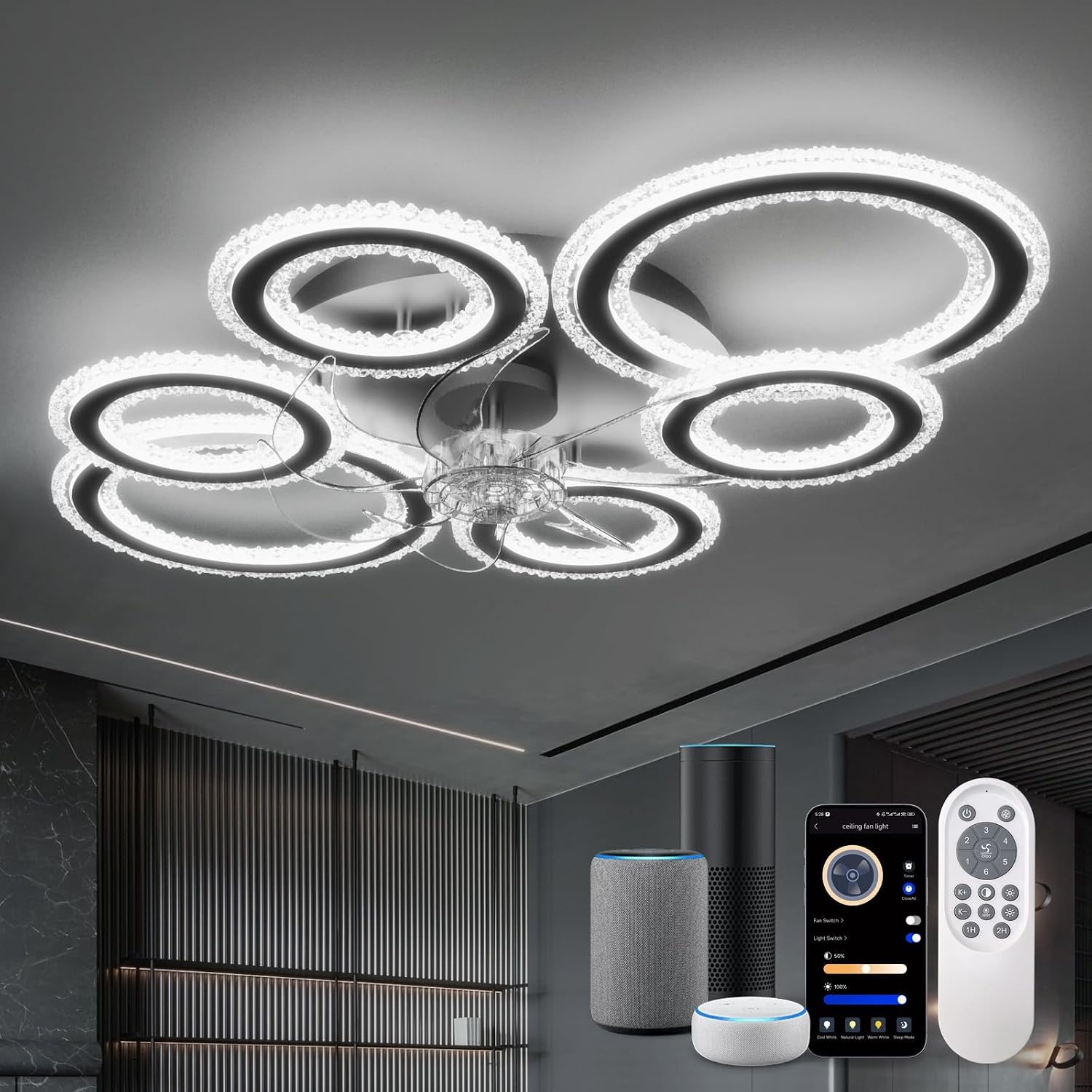 Moderne plafondventilatoren met verlichting en afstandsbediening, kristallen ring plafondventilatoren met lampen zomer winter omkeerbaar dimbaar licht geheugenfunctie 6 snelheden DC motor voor