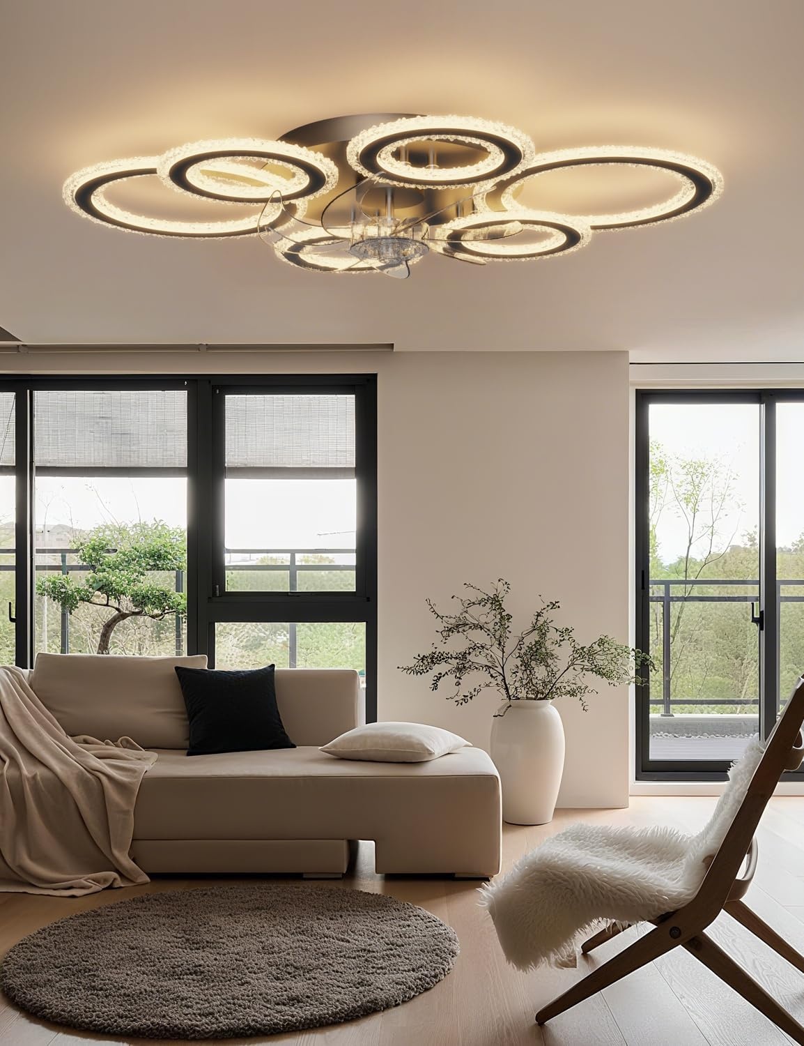 Moderne plafondventilatoren met verlichting en afstandsbediening, kristallen ring plafondventilatoren met lampen zomer winter omkeerbaar dimbaar licht geheugenfunctie 6 snelheden DC motor voor
