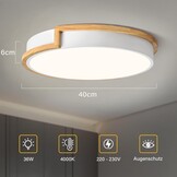 LED plafondlamp, witte plafondlamp 40cm, 36W lamp met hout voor slaapkamer, woonkamer, keuken, hal, eetkamer, 4000K
