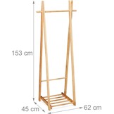 Relaxdays kledingrek met schoenenrek, met stang, vrijstaand, garderoberek smal, HBD: 153 x 62 x 45 cm, hout, natuur