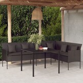 vidaXL Tuinbank L-vormig met kussens poly rattan zwart