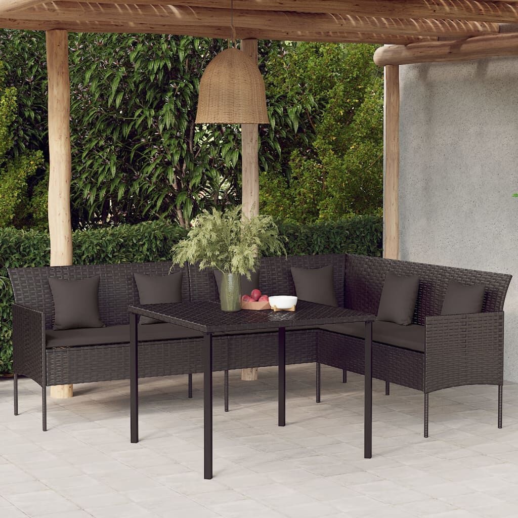 vidaXL Tuinbank L-vormig met kussens poly rattan zwart