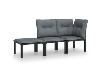 vidaXL 3-delige Loungeset met kussens poly rattan zwart en grijs