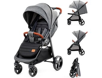 Kinderkraft GRANDE PLUS Kinderkraft kinderwagen vanaf de geboorte tot 22 kg, opvouwbaar met één hand, verstelbare positie, grote luifel met raam, alle 4 wielen voorzien van kussens, ruime stoel, grijs