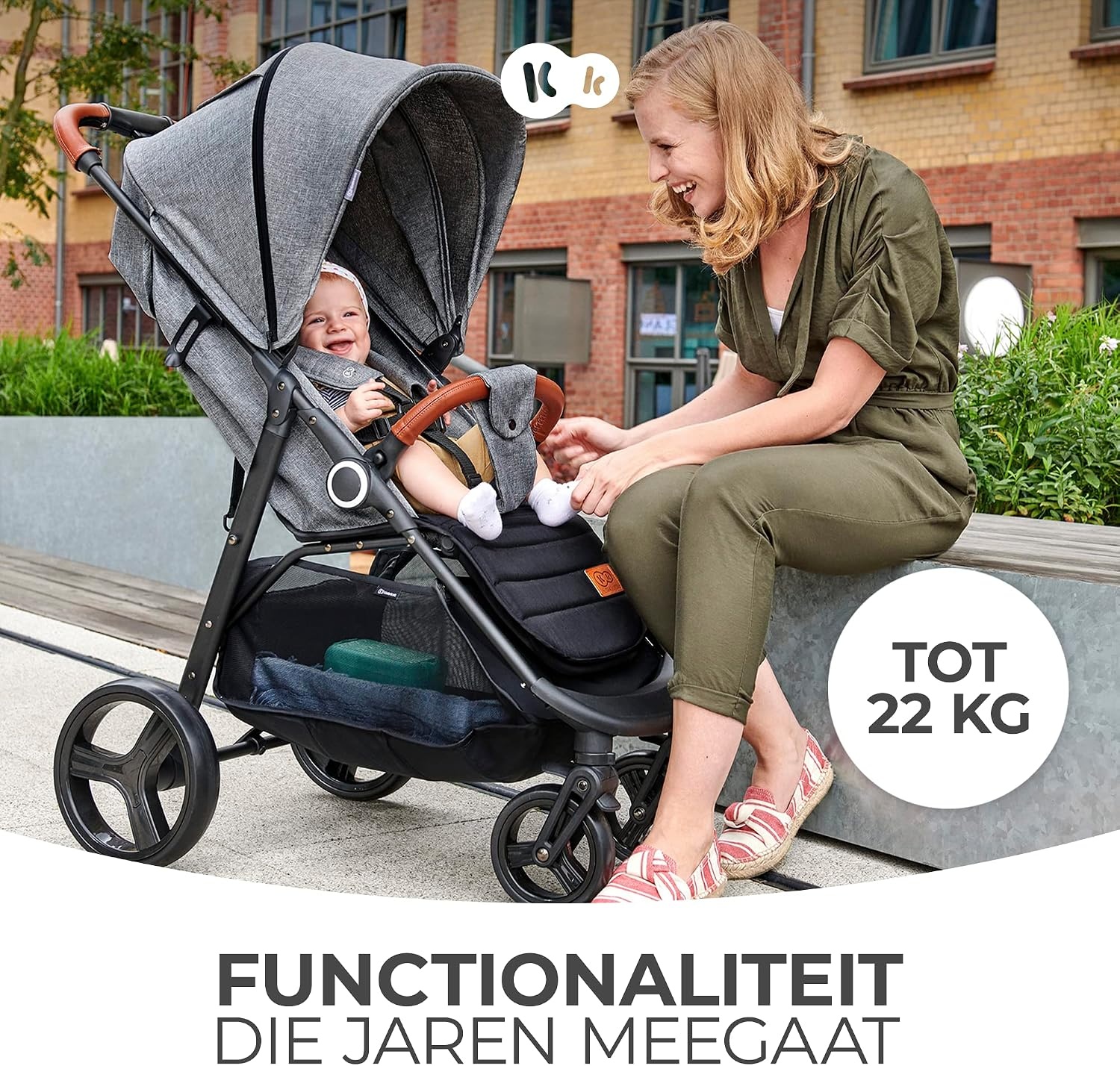 Kinderkraft GRANDE PLUS Kinderkraft kinderwagen vanaf de geboorte tot 22 kg, opvouwbaar met één hand, verstelbare positie, grote luifel met raam, alle 4 wielen voorzien van kussens, ruime stoel, grijs