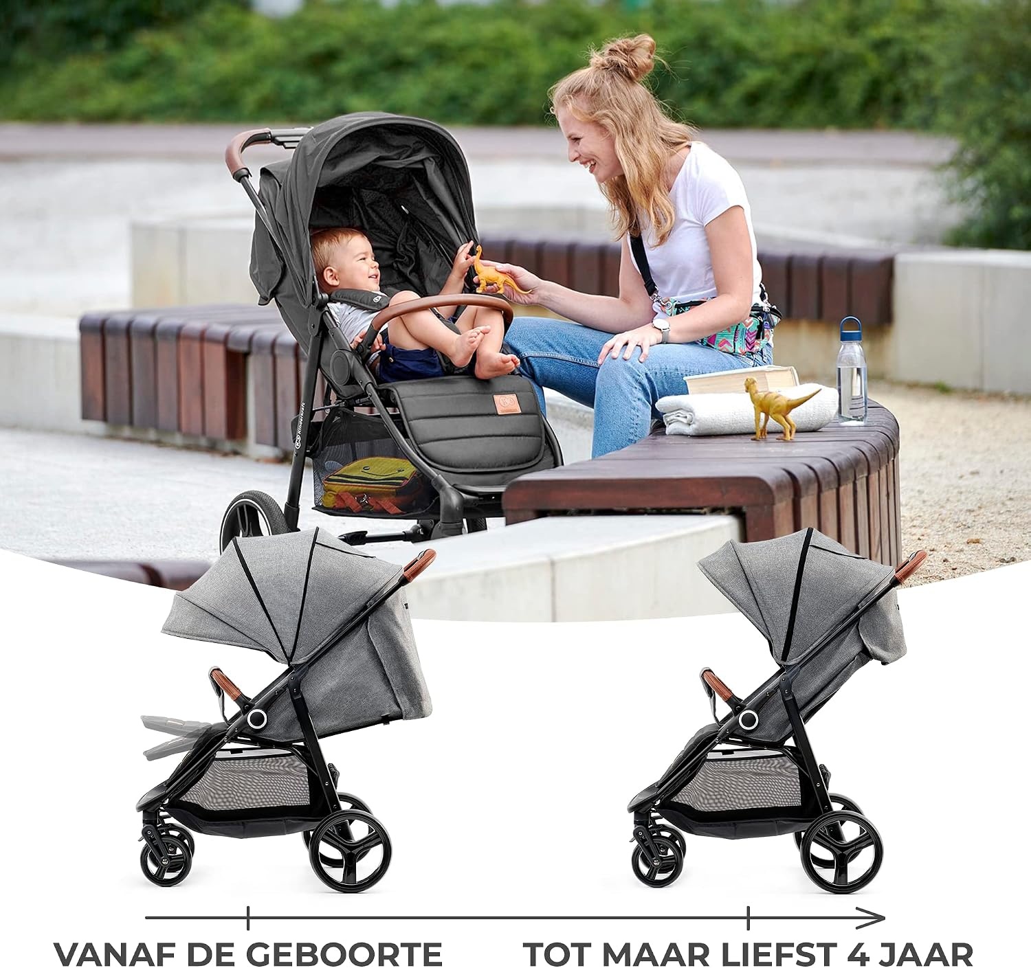 Kinderkraft GRANDE PLUS Kinderkraft kinderwagen vanaf de geboorte tot 22 kg, opvouwbaar met één hand, verstelbare positie, grote luifel met raam, alle 4 wielen voorzien van kussens, ruime stoel, grijs
