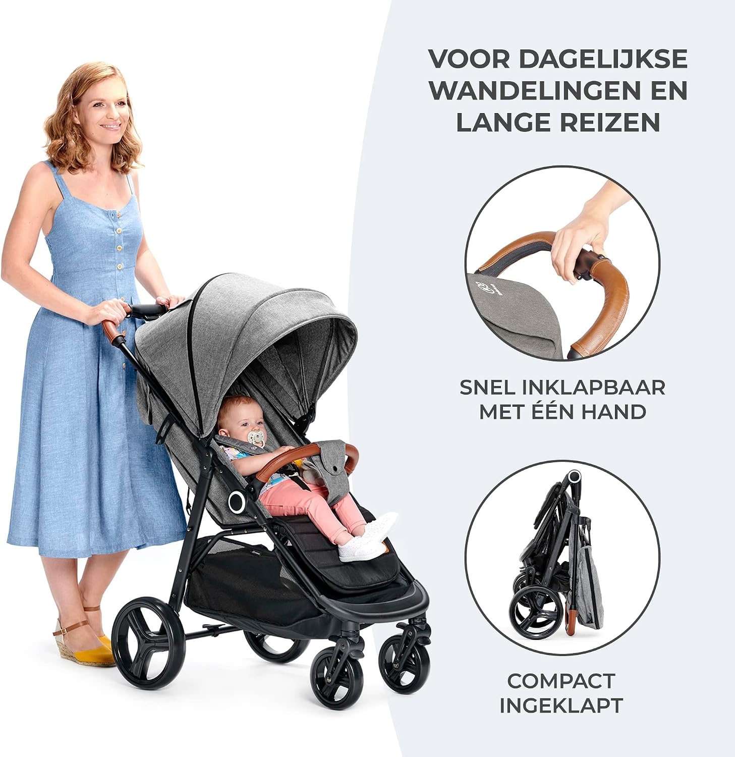 Kinderkraft GRANDE PLUS Kinderkraft kinderwagen vanaf de geboorte tot 22 kg, opvouwbaar met één hand, verstelbare positie, grote luifel met raam, alle 4 wielen voorzien van kussens, ruime stoel, grijs