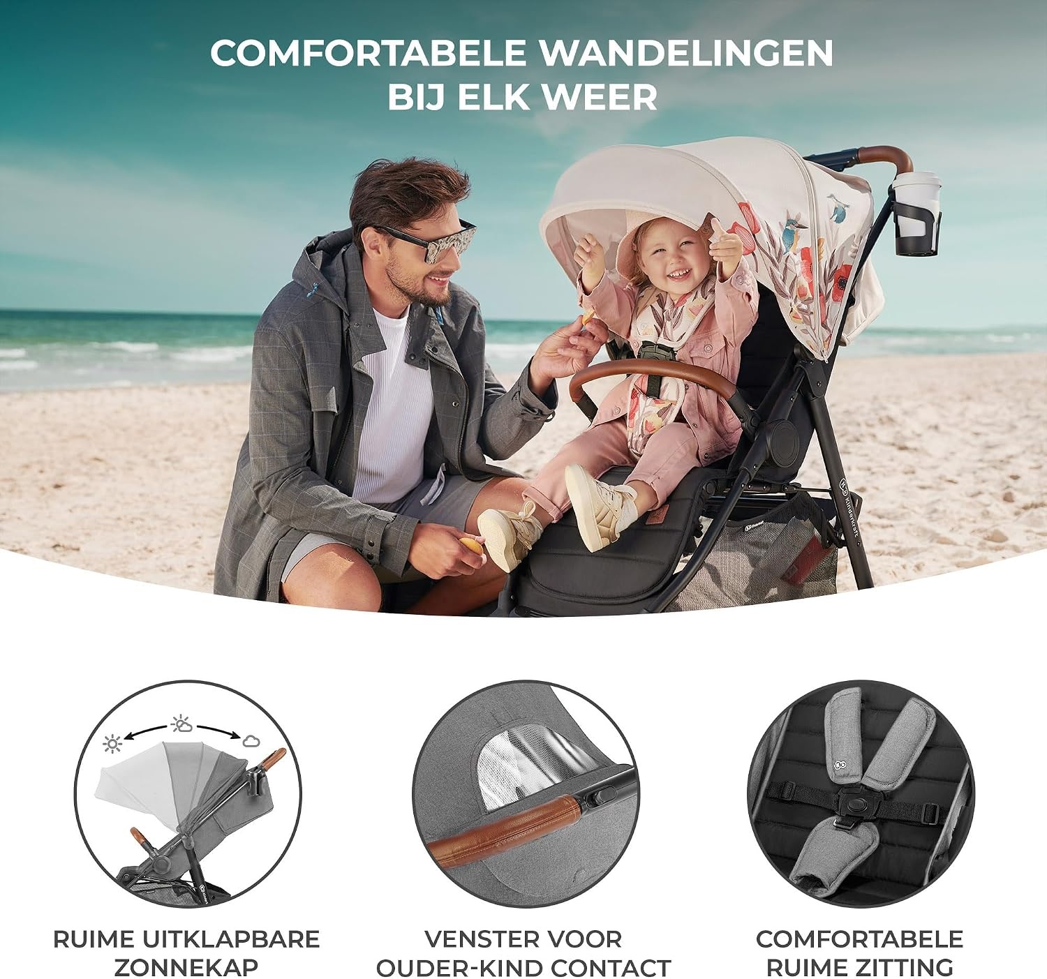Kinderkraft GRANDE PLUS Kinderkraft kinderwagen vanaf de geboorte tot 22 kg, opvouwbaar met één hand, verstelbare positie, grote luifel met raam, alle 4 wielen voorzien van kussens, ruime stoel, grijs