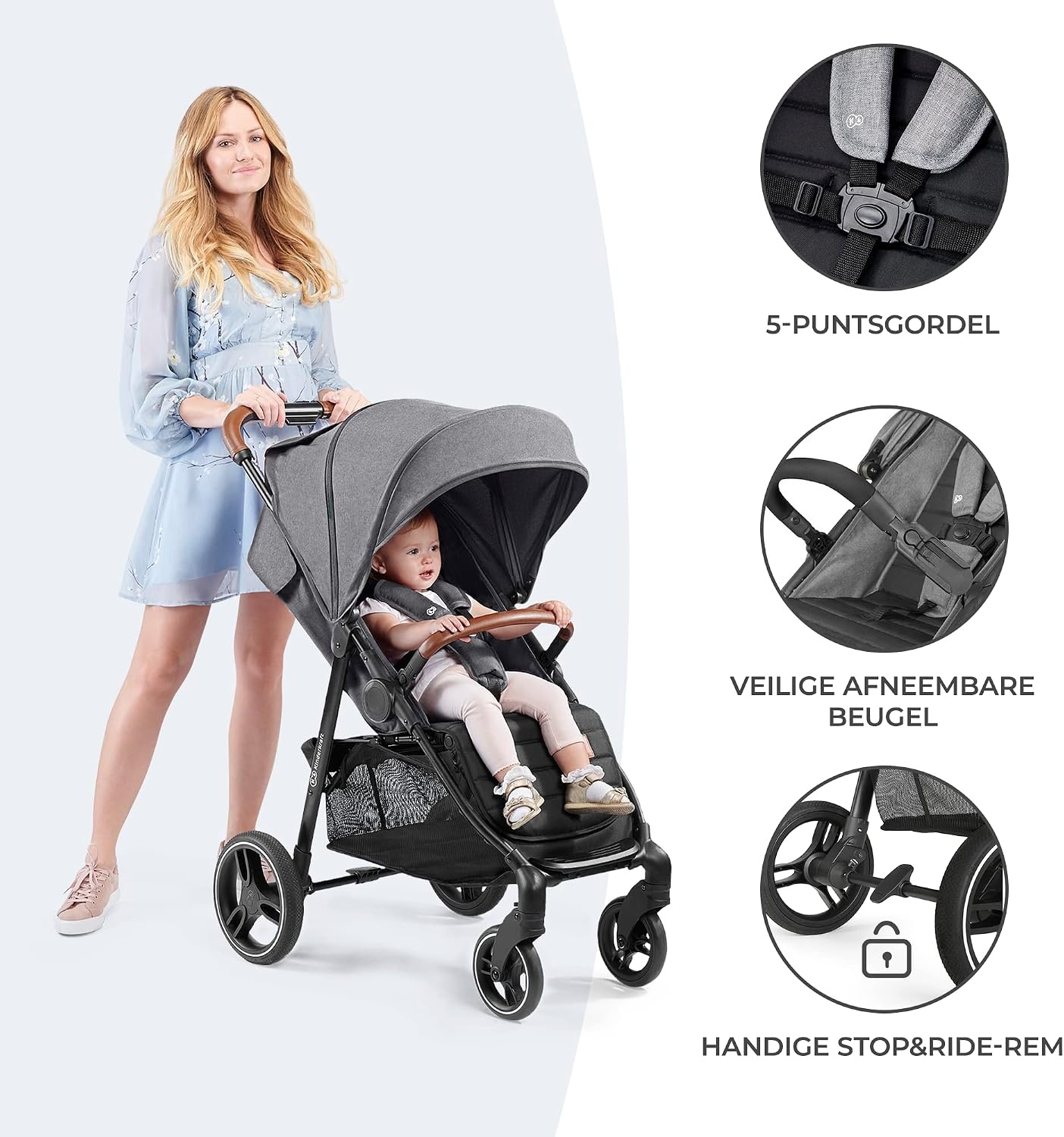 Kinderkraft GRANDE PLUS Kinderkraft kinderwagen vanaf de geboorte tot 22 kg, opvouwbaar met één hand, verstelbare positie, grote luifel met raam, alle 4 wielen voorzien van kussens, ruime stoel, grijs