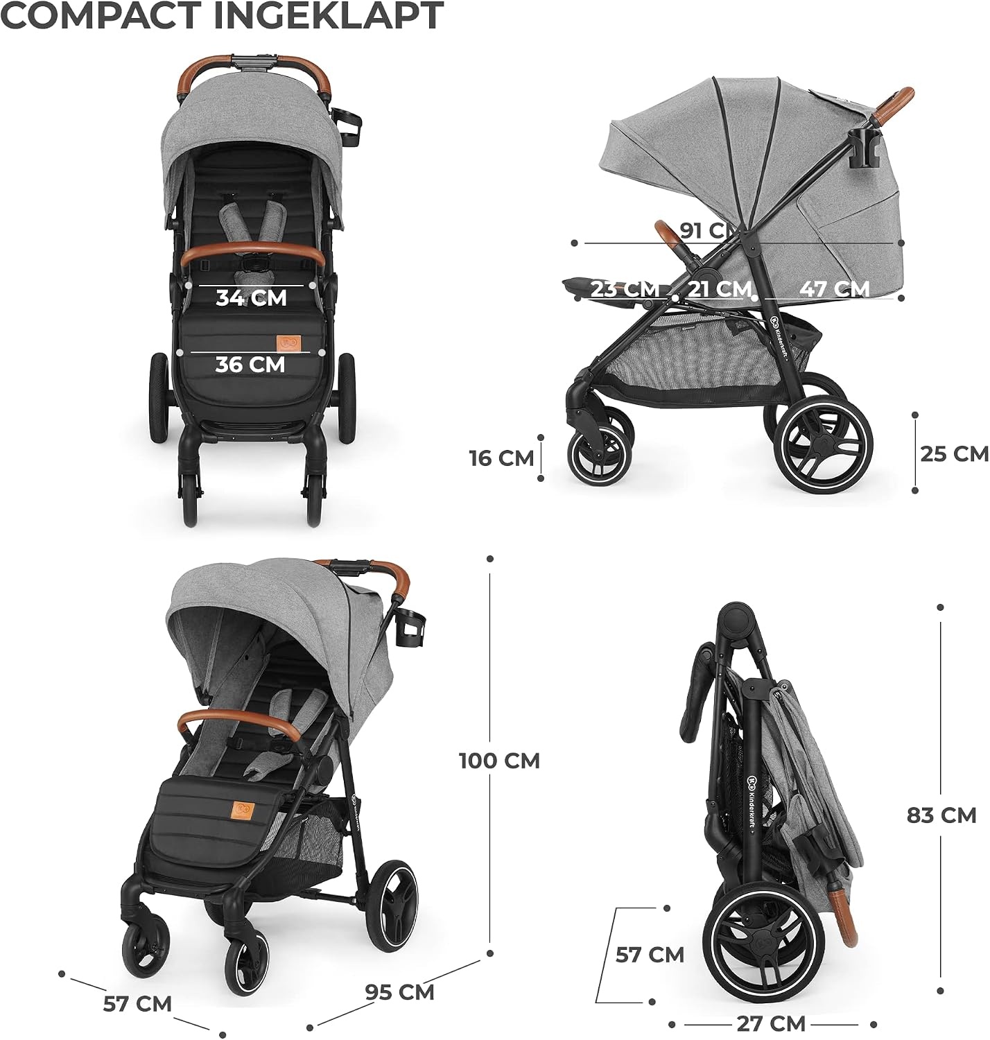Kinderkraft GRANDE PLUS Kinderkraft kinderwagen vanaf de geboorte tot 22 kg, opvouwbaar met één hand, verstelbare positie, grote luifel met raam, alle 4 wielen voorzien van kussens, ruime stoel, grijs