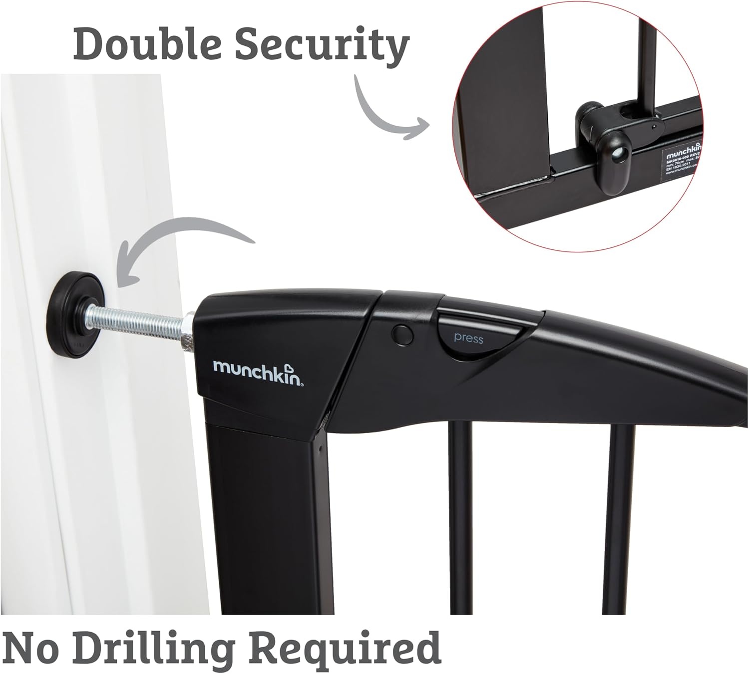 Munchkin Traphek, Maxi Secure Peuter & Babyhek, traphek, drukpassend, baby- of hondenhek, babyveiligheidshek voor trappen en deuropeningen, eenvoudig te installeren, zonder schroeven, kinderhek, 76-82