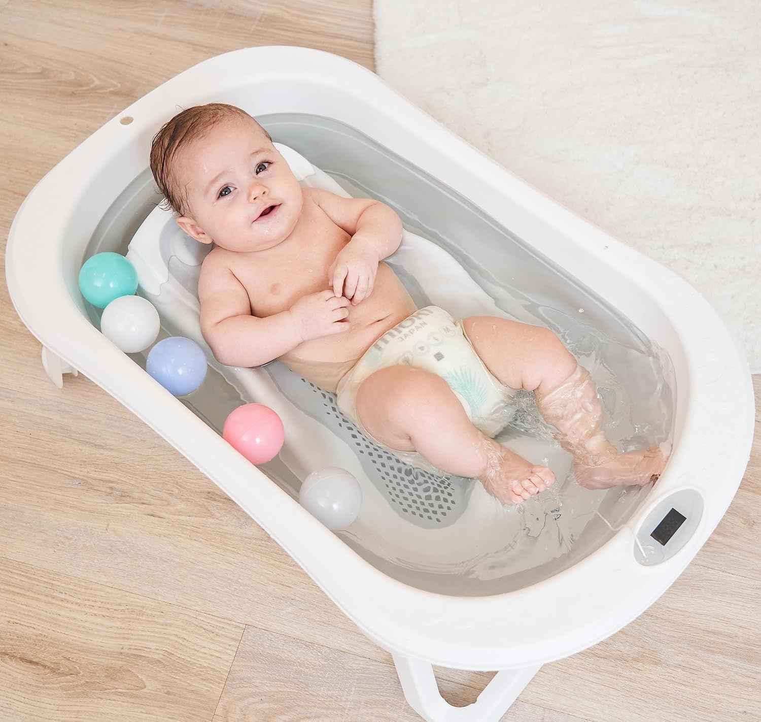 Opvouwbaar babybad met badstoel en geïntegreerde thermometer, kinderbad met 5 ballen en gratis badzitje, ideaal als geboortecadeau voor meisjes of jongens