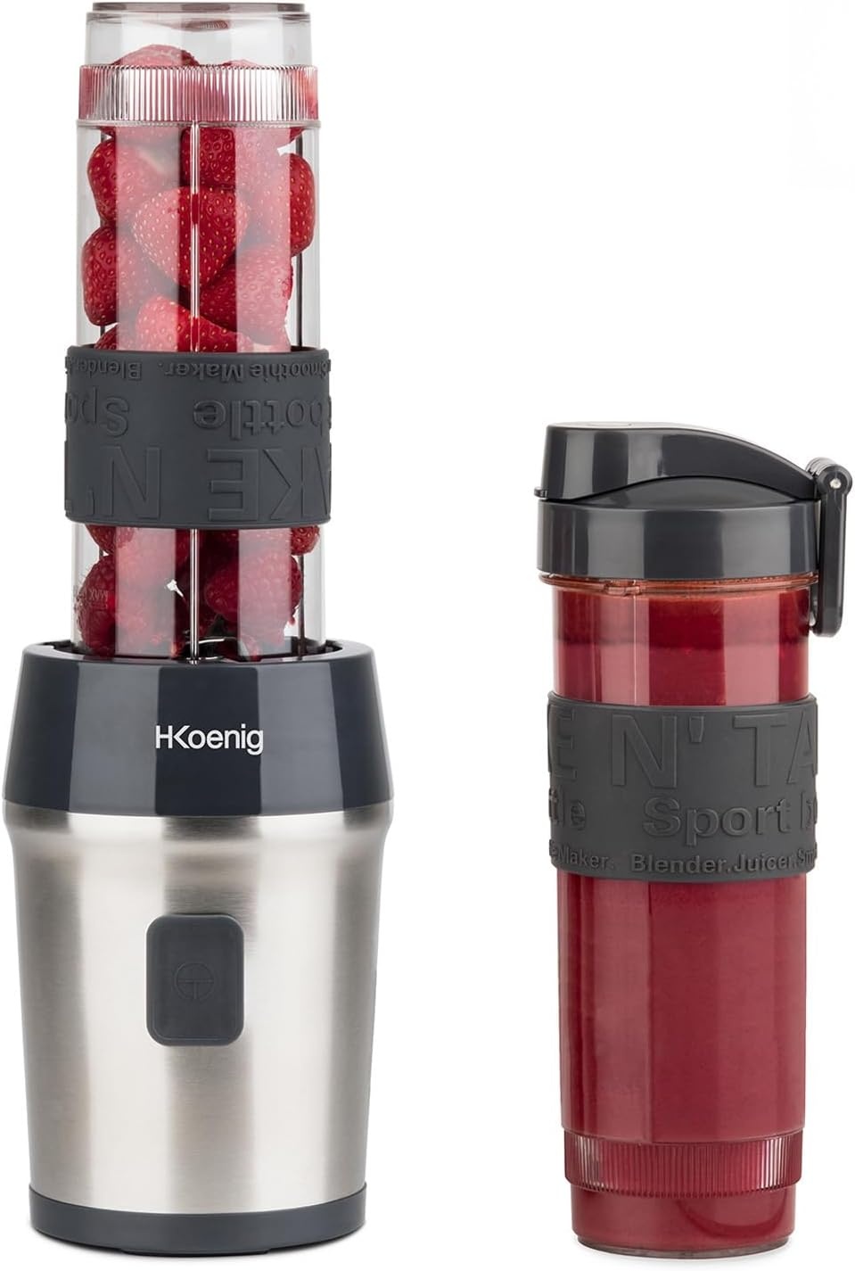 H.Koenig SMOO9 Portable Compact Mini Smoothie Blender 570ml BPA Free Powerful 300W, Smoothie Blender 2 Portable Bottles, 4 Stainless Steel Blenders, 2 Bottles with Travel Lids Included