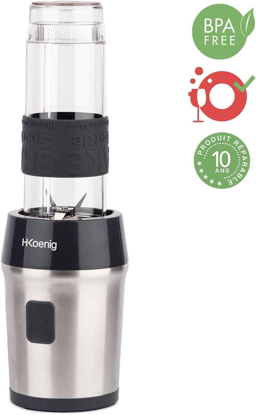 H.Koenig SMOO9 Portable Compact Mini Smoothie Blender 570ml BPA Free Powerful 300W, Smoothie Blender 2 Portable Bottles, 4 Stainless Steel Blenders, 2 Bottles with Travel Lids Included