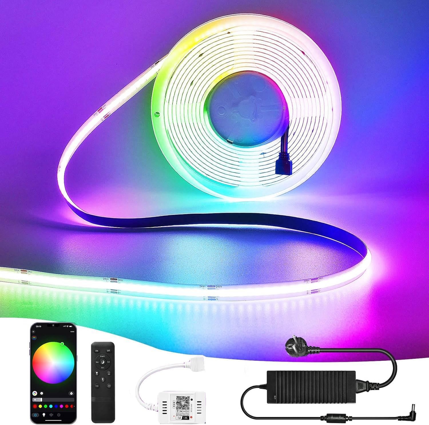 10 m WIFI Intelligent COB RGB LED Strip Lichtsnoer 576 LEDs/M 5760LEDs 24V LED Strip Lichtbalk Werkt met Google Home Assistant / Alexaz, Dimbare vervormbare LED-strip met WiFi afstandsbediening