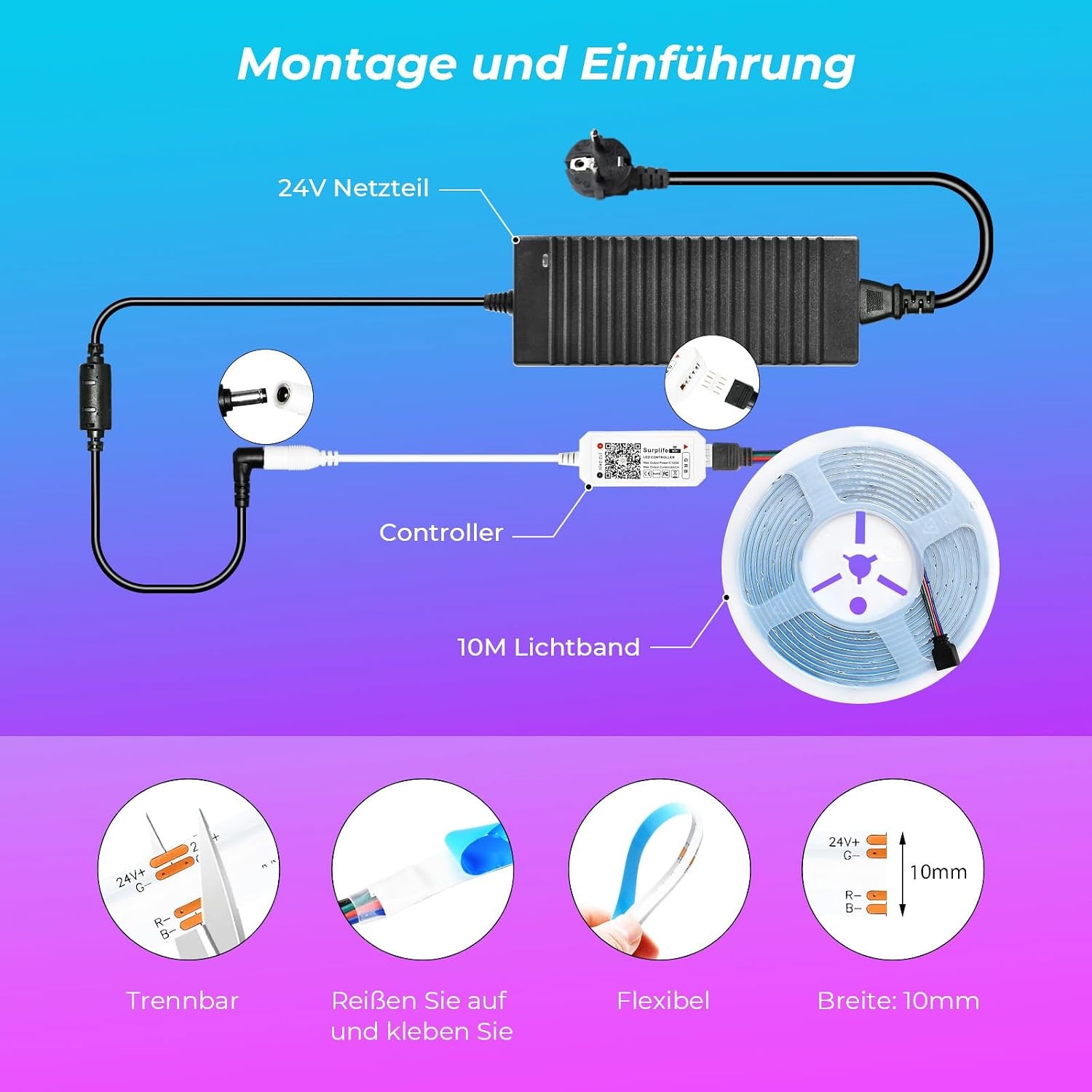 10 m WIFI Intelligent COB RGB LED Strip Lichtsnoer 576 LEDs/M 5760LEDs 24V LED Strip Lichtbalk Werkt met Google Home Assistant / Alexaz, Dimbare vervormbare LED-strip met WiFi afstandsbediening